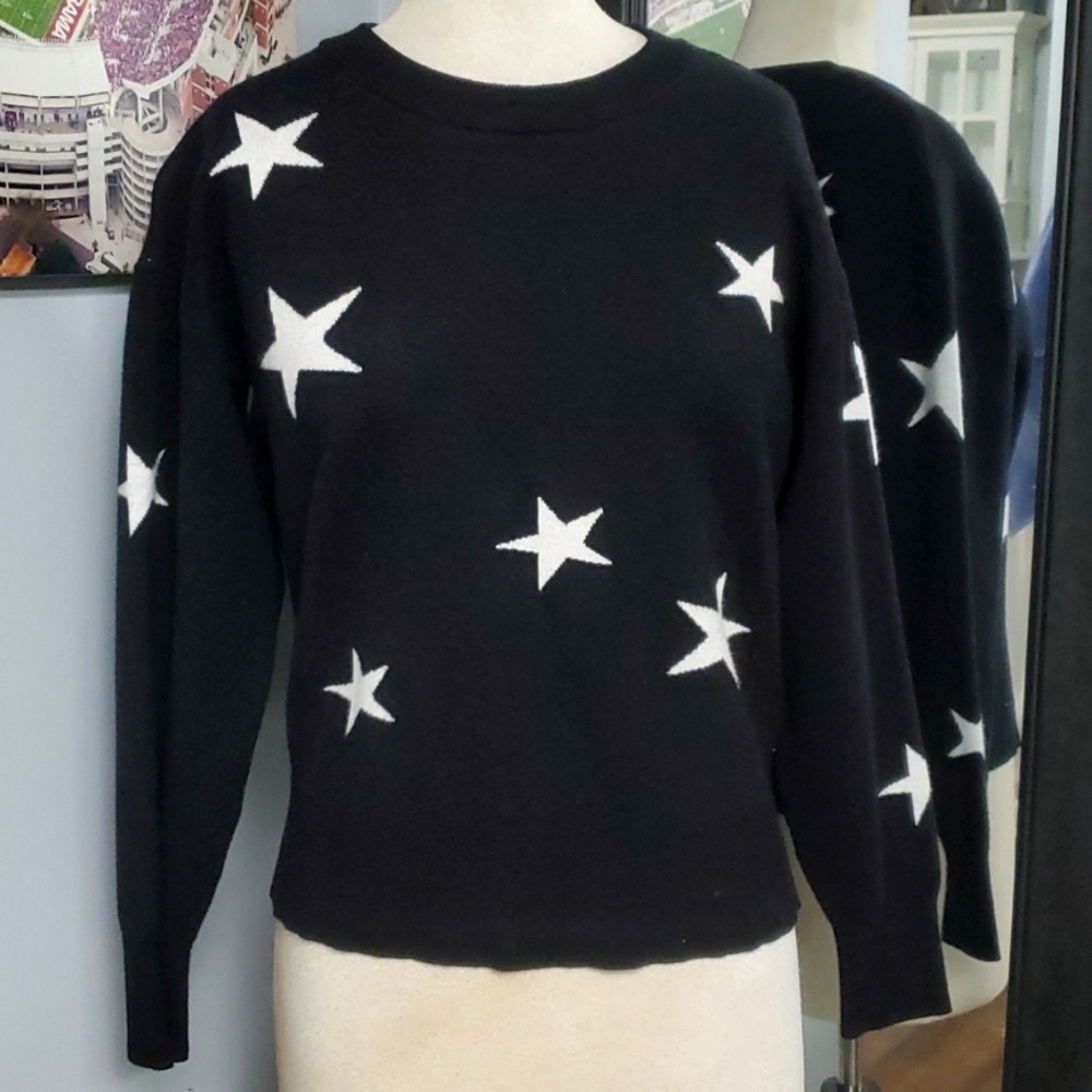 RACHEL ZOE BLACK W/WHITE STARS WARM&THICK CREW NECK SWEATER SZ MEDIUM